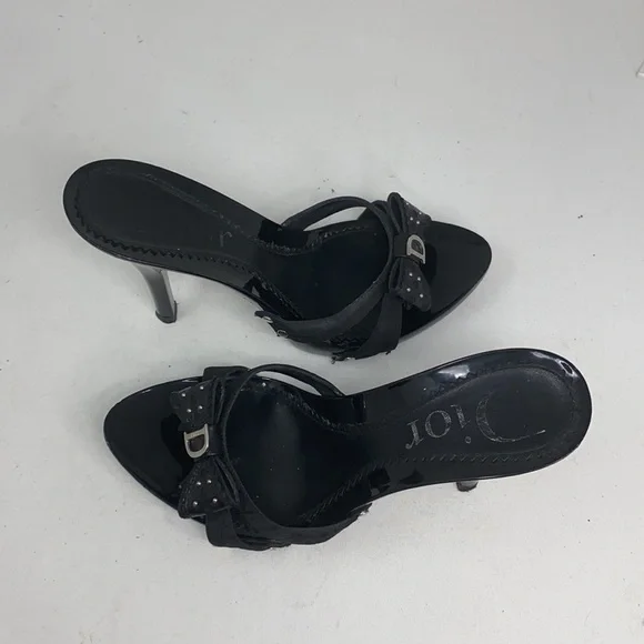 Dior Sz 37 Black Logo High Heel Sandals Bow Studs - Picture 4 of 16